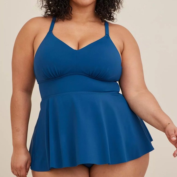 Torrid 2X (DD/F) Wire-Free Racerback Tankini Teal Blue Babydoll Swim Top Support - Picture 1 of 9